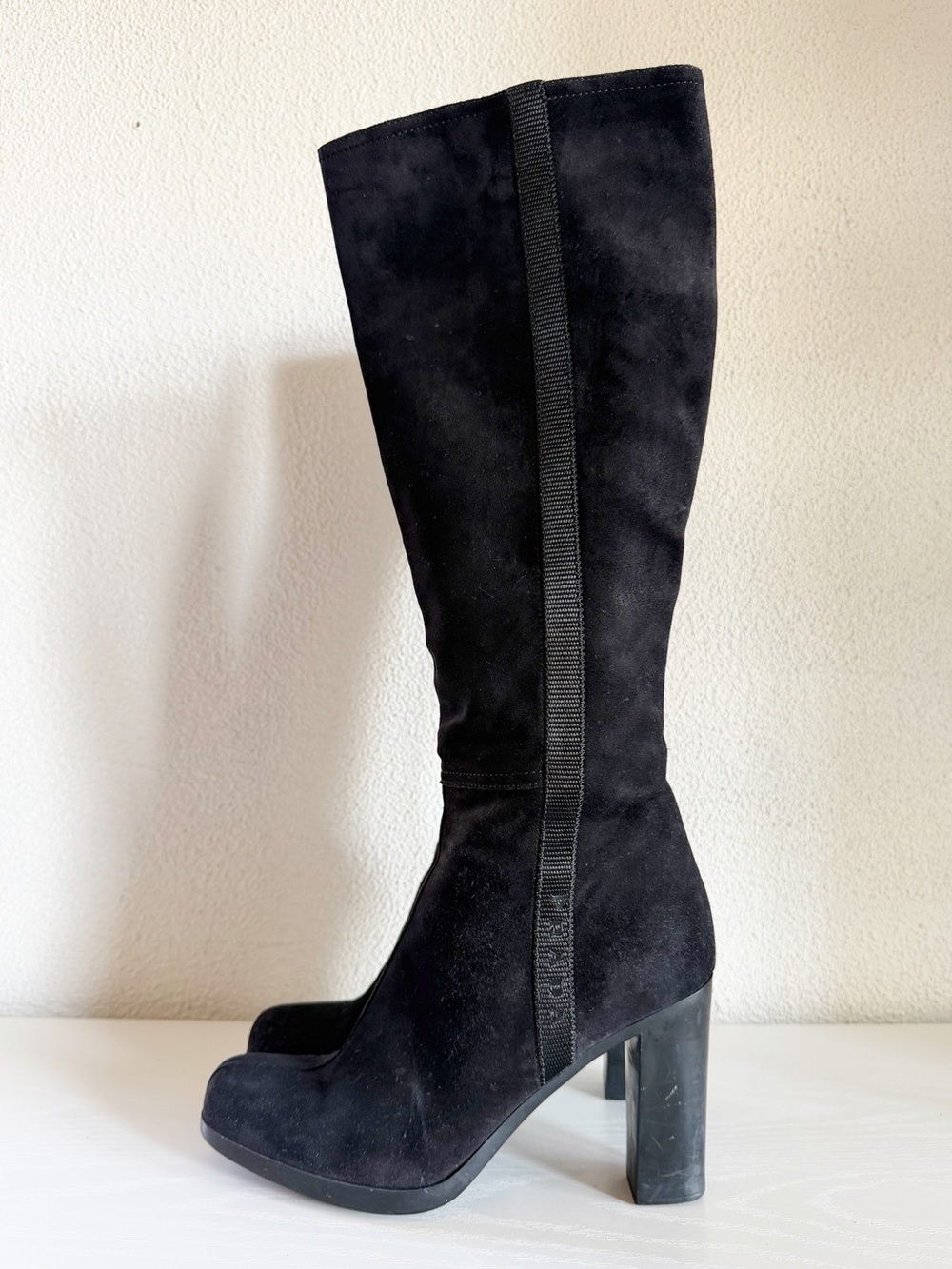 Prada Black Suede Knee High Logo Block Heel Boots EU 37